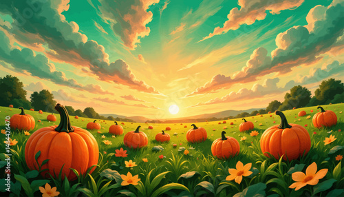 Autumn Pumpkin Field Sunset Serenity

Or

Golden Pumpkin Harvest Sunset Meadow

Or

Vibrant Pumpkin Patch Sunset Tranquility