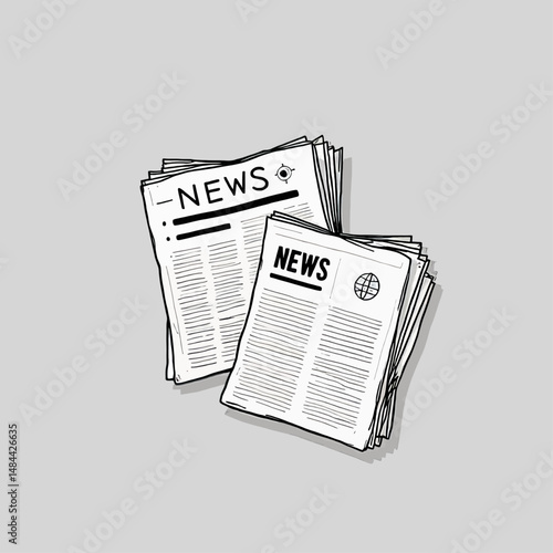 Black and white newsprint stack with bold headlines and globe icon under minimalistic style