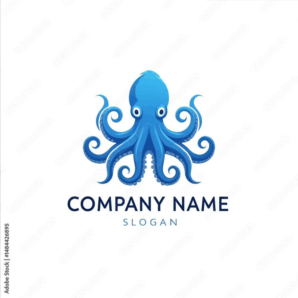 Naklejka premium Blue Octopus Logo Design with Curly Tentacles on White Background