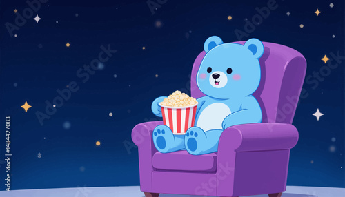 Blue Teddy Bear Relaxing with Popcorn in Purple Armchair under Starry Night Sky