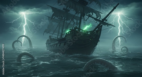 Ghost Ship at Sea – Horror Ocean Scene with Storm, Tentacles, and Fog