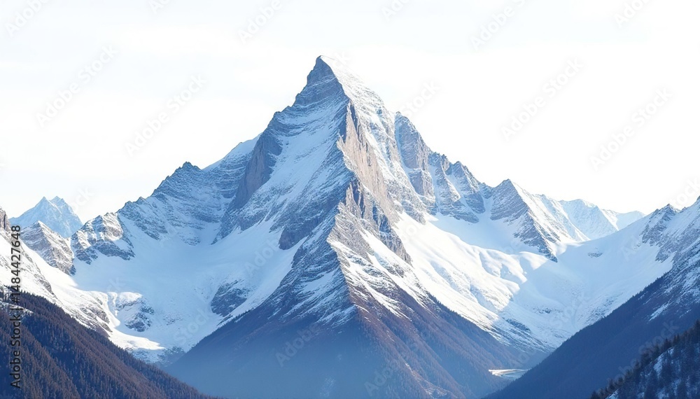 Fototapeta premium Snow-covered mountain peak against stark white sky, cold, scenic