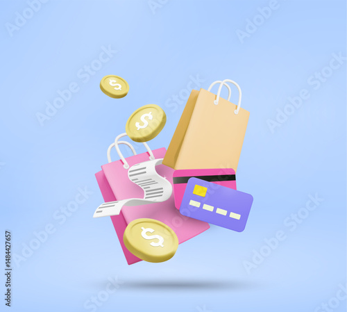 3D illustration vector render of e-commerce showing a floating shopping bag with credit card and gold dollar coins around with receipt. Payment concept, shopping, online shopping.