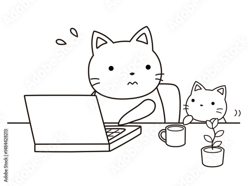リモートワークをする子育て中のネコ　線画