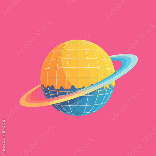 Colorful Globe with Rings on Pink Background