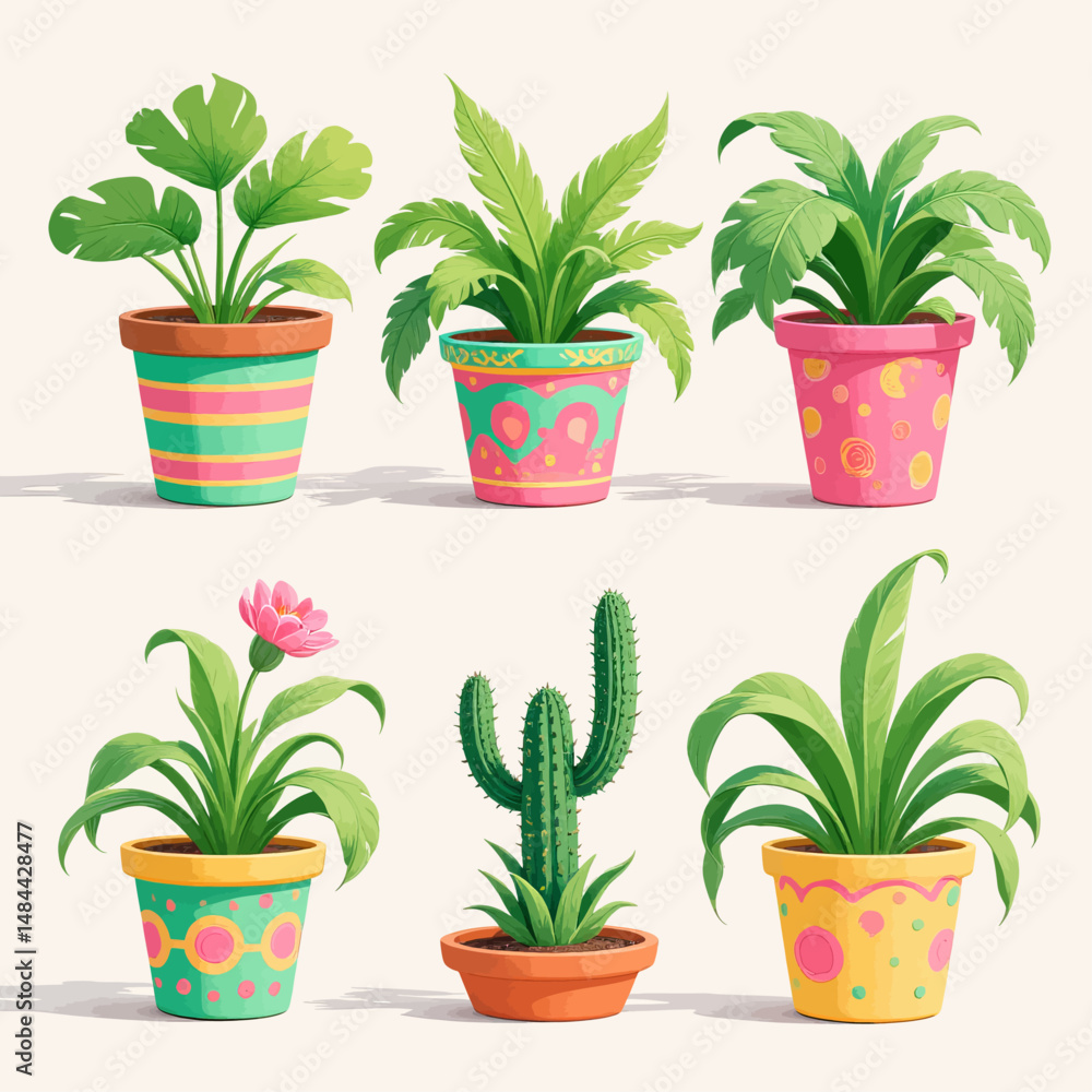 Colorful Potted Plants in Whimsical Pots under Soft Light Colorful Potted Plants in Whimsical Pots under Soft Light