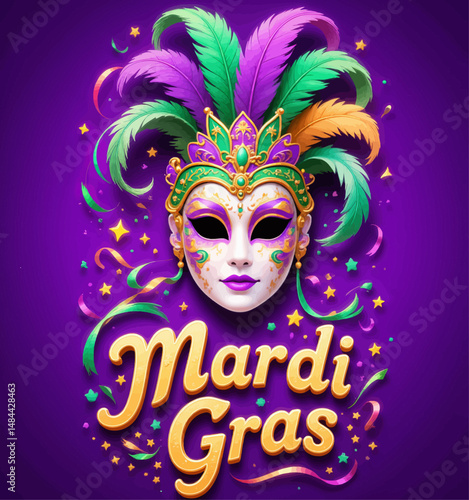 Colorful Mardi Gras Mask Feathers Celebration Purple Gold Stars