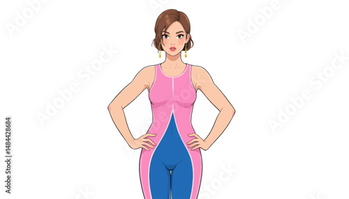 Confident Woman in Pink and Blue Swimsuit with Hands on Hips