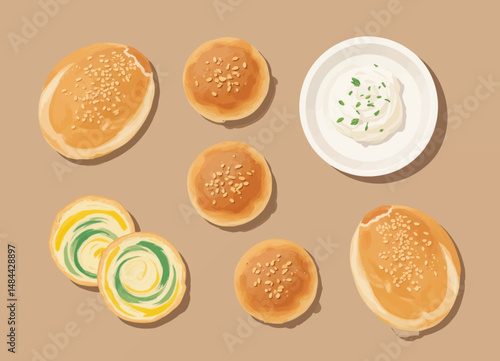 Delicious pastries assortment with sesame seeds and cream on beige background
