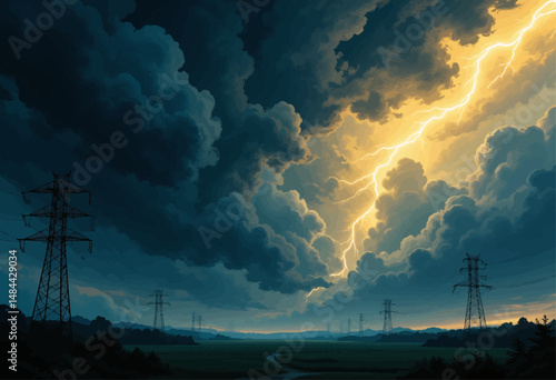 Dramatic Stormy Skies Over Rural Landscape with Lightning and Power Lines