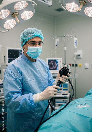 Surgeon with Endoscopy Equipment in Operating Room: A Clinical Scene
