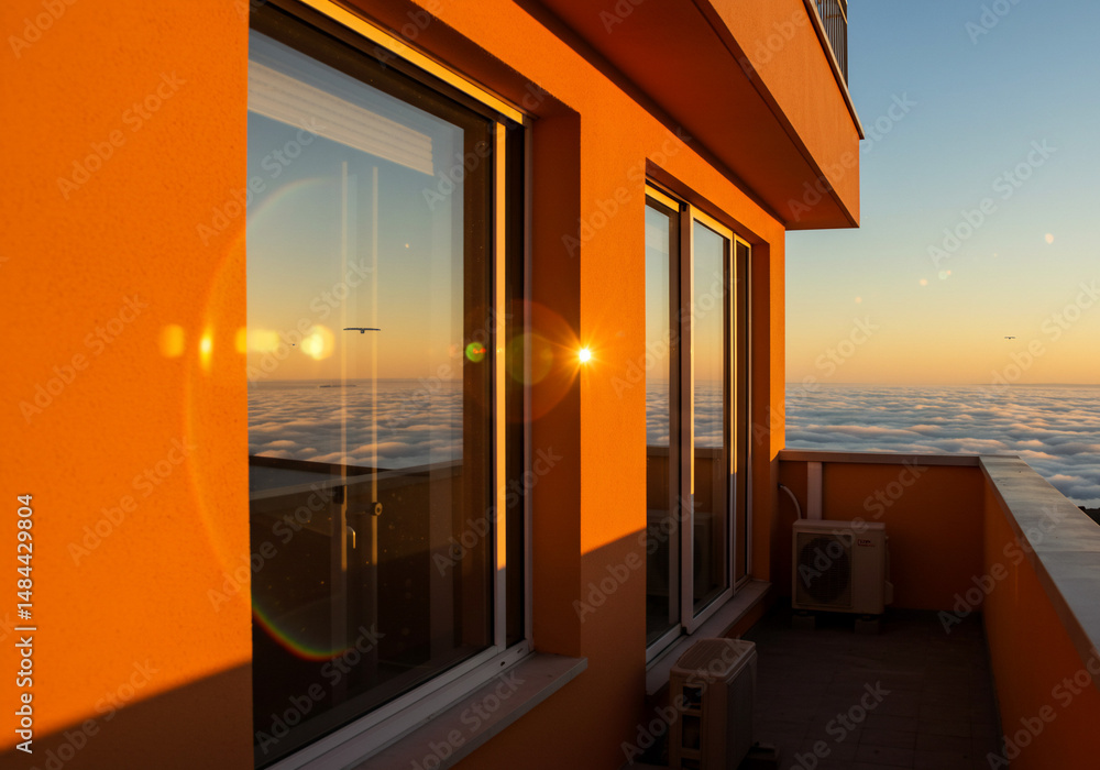 Fototapeta premium オレンジの壁 夕日輝く窓 雲海景色