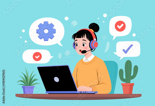Focused Woman Working Remotely with Laptop and Headset in Modern Home Office with Plants