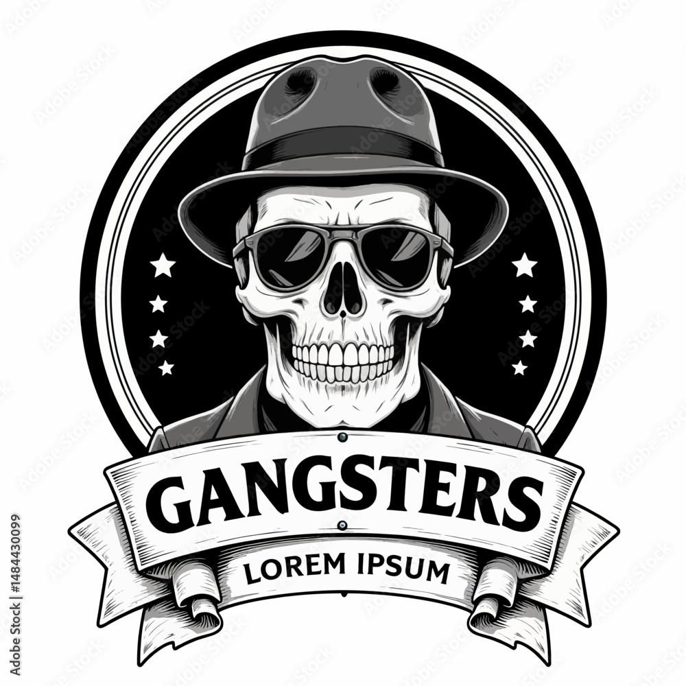 Fototapeta premium Gangsters Skull Hat Sunglasses Vintage Badge Black White Stars