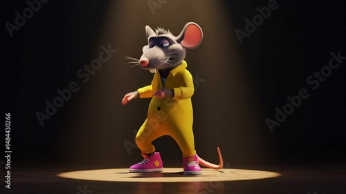 Animated Rat in Yellow Outfit and Pink Sneakers Dances Under Spotlight