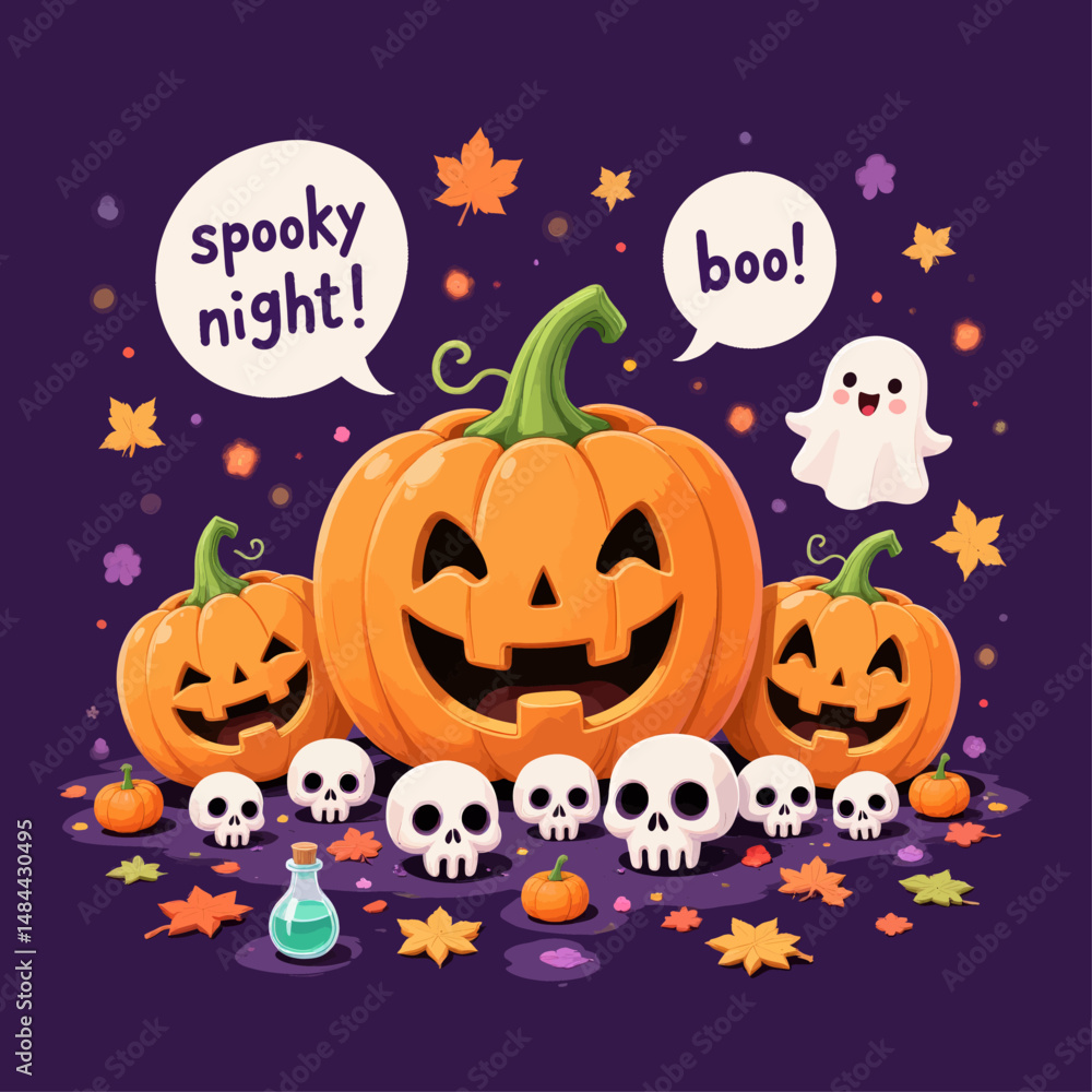 Fototapeta premium Halloween Night with Jack-o'-Lanterns, Skulls, and Ghosts