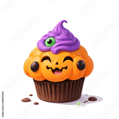 Halloween Cupcake with Jack-o-Lantern Face and Purple Frosting