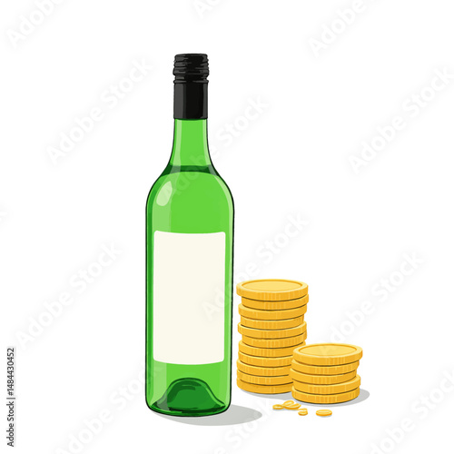 Green Wine Bottle with Gold Coins Stacked Modern Minimalist Celebration