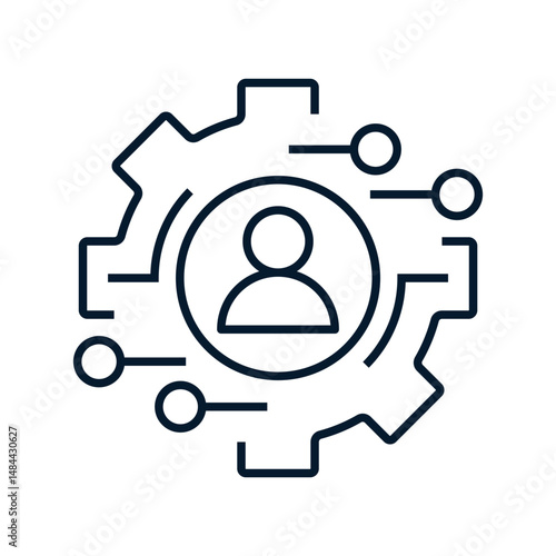 Gear, man. Concept project management, maintenance master. Vector linear icon isolated on white background.