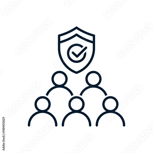 People, shield. Employee insurance concept. Vector linear icon isolated on white background.