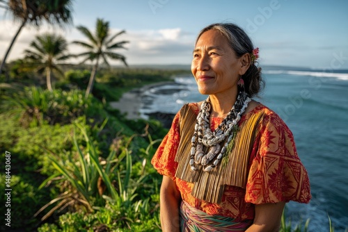 A Mikronesian woman standing in a tropical landscape, dressed in traditional attire made from woven pandanus leaves and shells