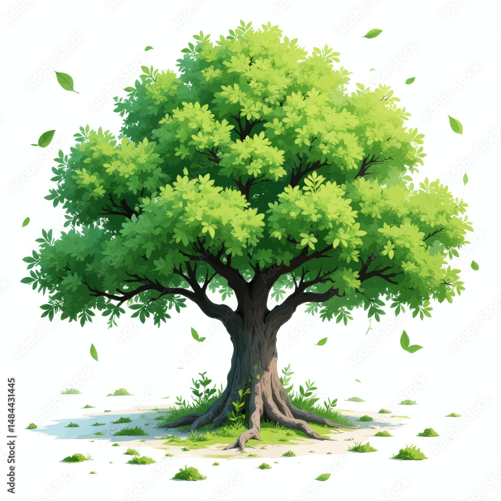 Lush Green Tree with Falling Leaves in Serene Nature Lush Green Tree with Falling Leaves in Serene Nature