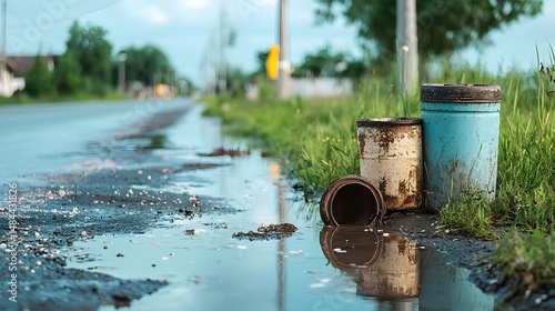 Detailed shot of a local outdoor area with stagnant water in abandoned tires and containers serving as a breeding ground for mosquitoes that can spread dengue fever
