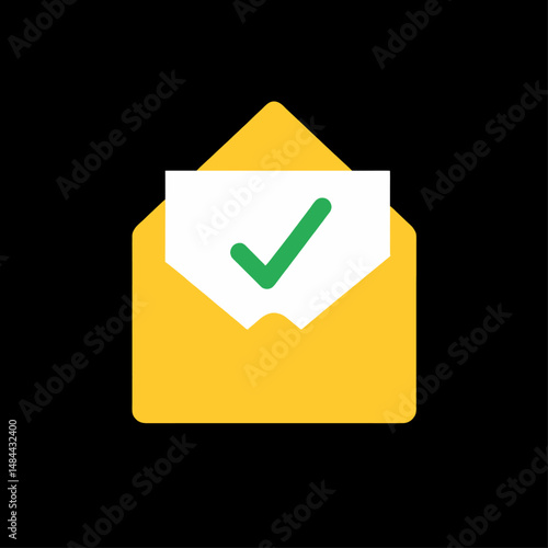 Minimalistic Open Envelope with Green Check Mark on Black Background