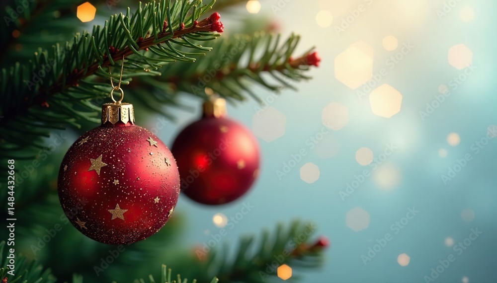 Sparkling Christmas tree ornaments hang on a decorated tree branch , conifer, celebration, tree decoration Sparkling Christmas tree ornaments hang on a decorated tree branch , conifer, celebration, tree decoration