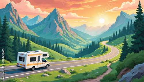 Mountain Road Journey: RV Travel, Sunset Peaks, Green Forest, Serene Adventure