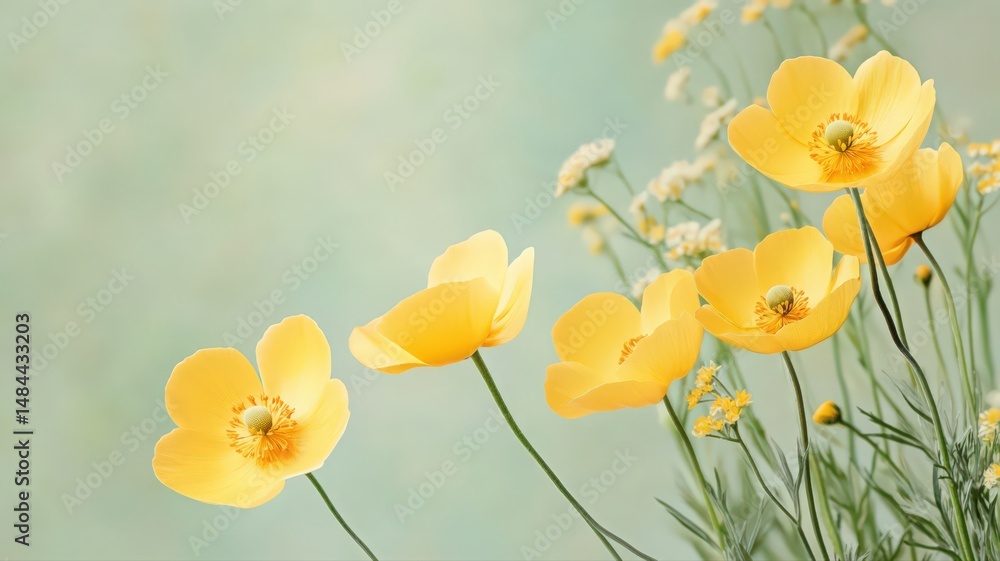 Fototapeta premium Buttercup Flowers With Golden Yellow Petals On A Soft Muted Background In A Serene Garden