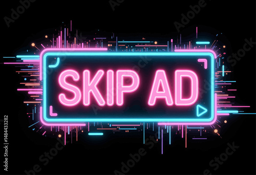 Neon Skip Ad Sign with Digital Glitch Background