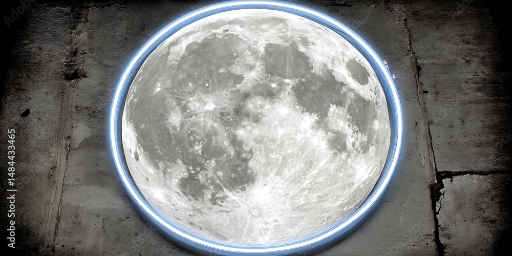 Full Moon, Neon Circle, Stone Floor Full Moon, Neon Circle, Stone Floor