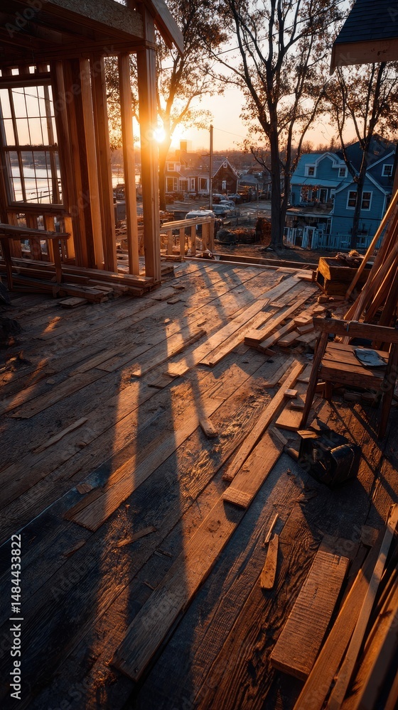 Fototapeta premium Wooden house frame under construction, aerial view at sunset with warm golden light and long shadows. A new home takes shape in the golden hour.