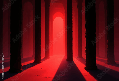 Red Corridors of Serenity: Ancient Columns in Warm Twilight Light