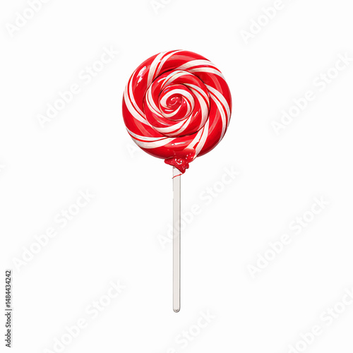 Red and White Swirl Lollipop on Stick Isolated on White Background