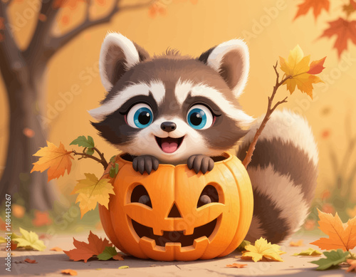 Playful Raccoon in Autumn Pumpkin Jack-o'-Lantern with Fall Leaves