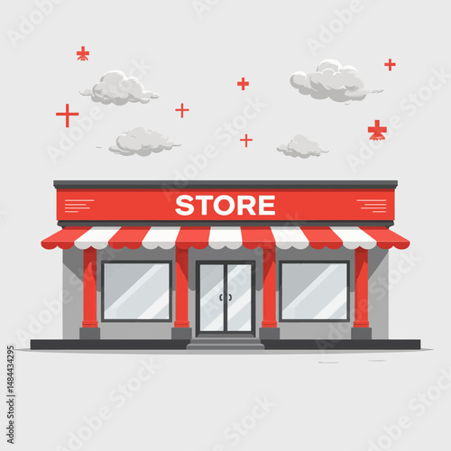 Red Storefront with Clouds and Red Crosses