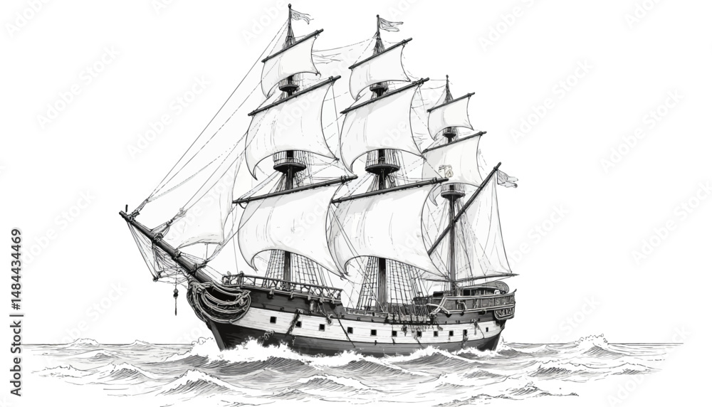 Obraz premium Sailing Ship Stormy Seas Historical Voyage Monochrome Sketch