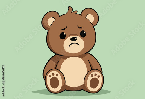 Sad teddy bear sitting alone in soft green space with downturned eyes
