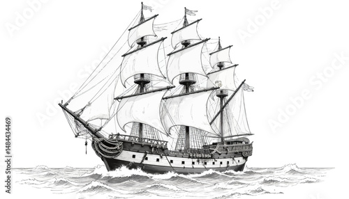 Sailing Ship Stormy Seas Historical Voyage Monochrome Sketch