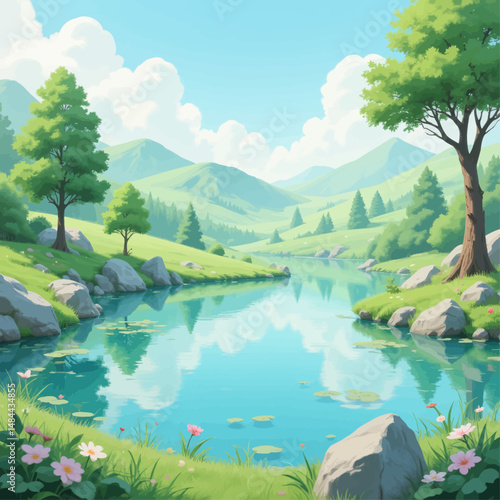 Serene Mountain Lake Reflection Summer Meadow Flowers