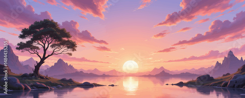 Serene Sunset Lake with Solitary Tree and Mountain Reflection