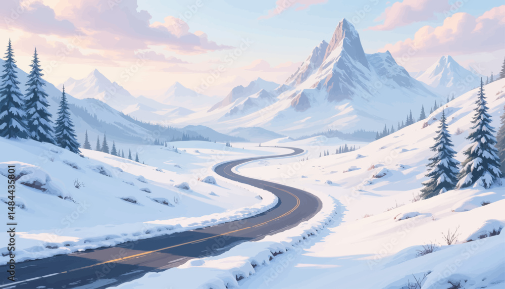 Obraz premium Serene Winter Road Mountain Sunset Snow Trees Pathway