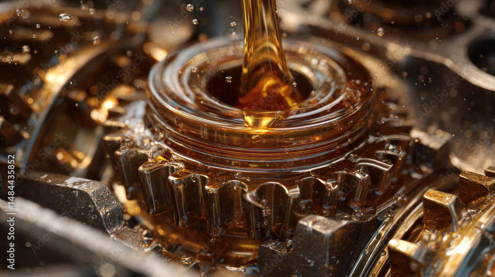 Engine interior with gear system coated in high-performance motor oil, detailed splashes and viscosity texture captured in motion Engine interior with gear system coated in high-performance motor oil, detailed splashes and viscosity texture captured in motion