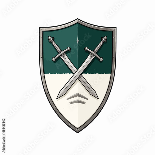 Shield with Crossed Swords and Mountain Peaks in Teal and White
