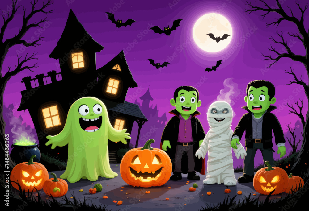 Fototapeta premium Spooky Halloween Friends Celebrate with Jack-o'-Lanterns and Haunted House