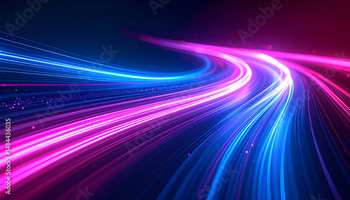 Futuristic abstract background with vibrant blue and pink light trails creating dynamic flow. glowing lines evoke sense of motion and energy, perfect for technology themes
