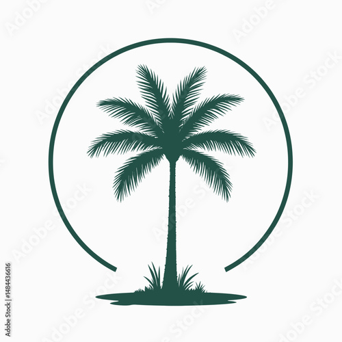 Tropical palm tree silhouette within circular frame, lush green, serene island setting