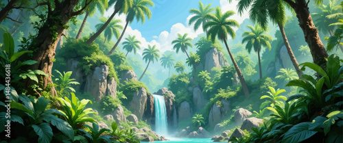 Tropical Oasis Waterfall Lush Palms Serene Jungle Paradise